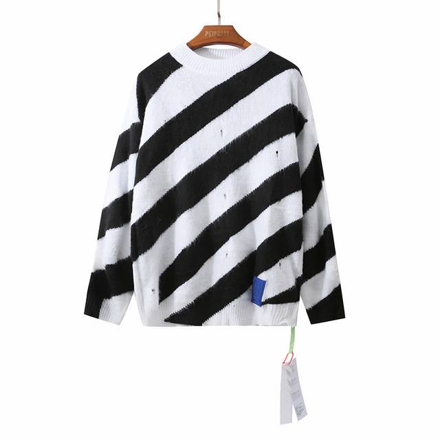 310# 毛衣 S M L XL OFF WHITE C O VIRGIL ABLOH黑白斜条纹 破洞马海毛 针织毛衣