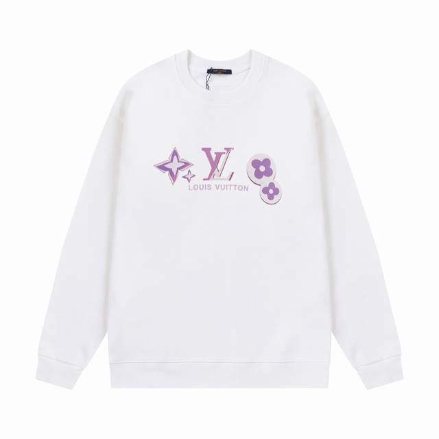 LV 秋冬新款 定制定染大毛圈面料 数码喷印三花字母logo 后背定制皮章 男女同款 圆领卫衣 颜色：黑 白 尺码：XS-L