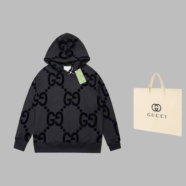 可配手提袋5 古驰 GUCCI GC 24FW 经典黑双G植绒印花连帽卫衣 轻奢主义 男女日常通勤穿搭必备单品 正确版本 欢迎对比 详细特征 采用420克纯棉双