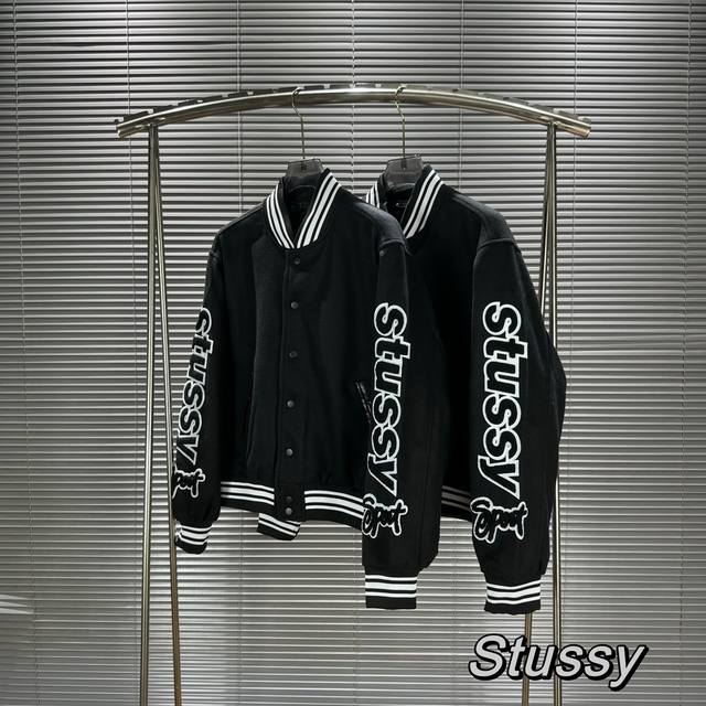 STU44 Stussy斯图西 新款24SS VARSITY JACKET 双袖植绒贴布刺绣双臂情侣高街棒球服夹克外套 男女同款 #最新款春夏高热单品双袖经典的