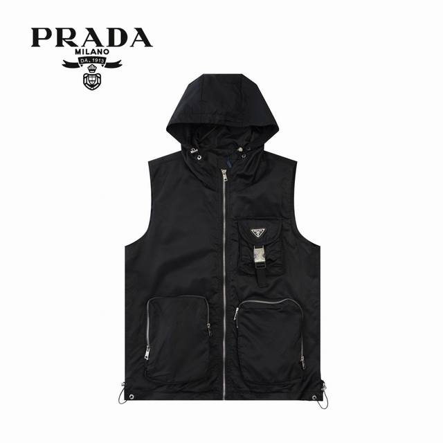 S16 上新 PRADA丨普拉达 24SS 再生尼龙纯色大口袋拉链连帽无袖马甲 原版订制高密度尼龙面料 上身质感满满 全套定制五金 细节完美到极致 情侣款 男女