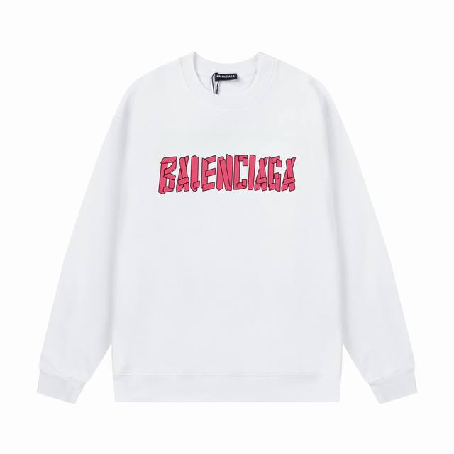 齐码！隔天出货！ Balenciaga 巴黎世家 2024秋冬新款 定制420g毛圈面料 数码喷印粉字母logo 男女同款 圆领卫衣 颜色：白色 尺码：XS-L