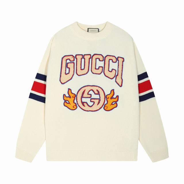 古驰GUCCI毛巾绣条纹拼接圆领提花毛衣 颜色：白色 码数：S M L XL XXL