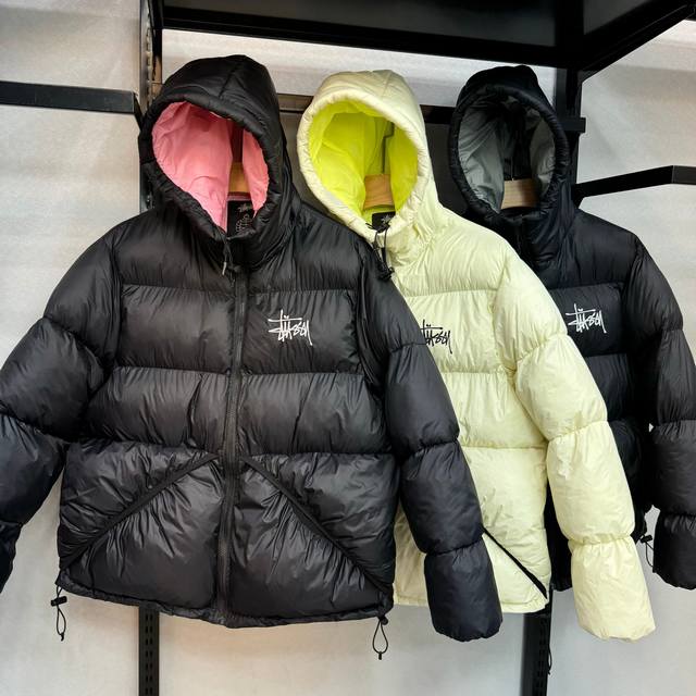 款号266 Stussy Micro Ripstop Down Parka 纯色百搭拉链连帽羽绒棉服 男女同款 颜色：黑粉 黑灰 米黄 尺码：M L XL XX