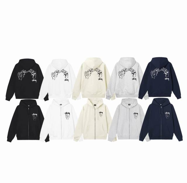 毛圈 加绒 上新 款号：S4003 STUSSY 斯图西Stussy Shuffle Pigment Dyed Hoodie洗牌印花图案连帽拉链卫衣 男女同款