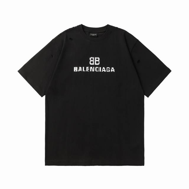 全年不下架 面料350克 巴黎世家BALENCIAGA新款 火山灰色马赛克双B字母 正版康丽印花破洞款短袖T恤 全新天花板级别 区分市面通货胸前马赛克字母采用