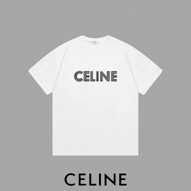 CELINE 赛琳] 2024FW短袖T恤 植绒线条字母印花 高端32s双纱260克面料 重磅面料 定制拉架罗纹同缸同染 三标齐全 男女同款 颜色：黑色 白色