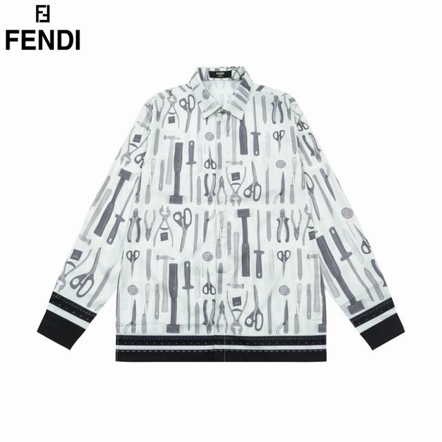 FENDI 芬迪 爆款来袭 走秀款工匠工具图案长袖衬衫 2024ss官网新款长袖 衬衫 衬衣，精美数码印花 高端版本，专柜定制面料 透气舒适度高，精工制作，细节