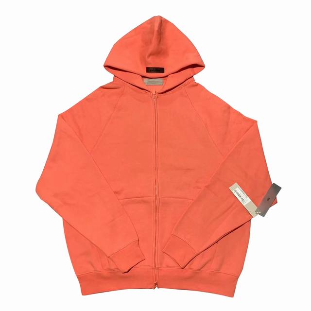 款号021 珊瑚红 顶级版本新款FEAR OF GOD Essentials FOG第八季双排植绒字母连帽加绒情侣拉链外套卫衣 ESSENTIALS于2018年