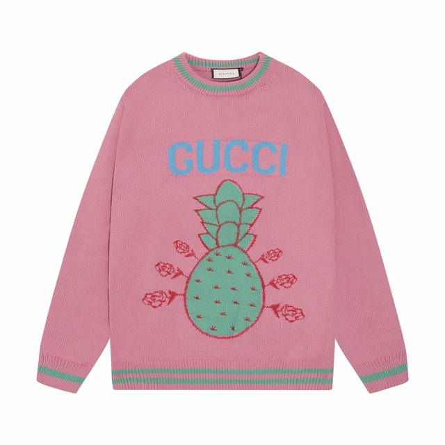 GUCCI古驰立体菠萝刺绣字母logo提花圆领毛衣 颜色：粉色 码数：S M L XL XXL