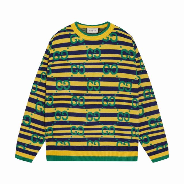 GUCCI古驰彩色条纹双G提花圆领毛衣 颜色：绿色 红色 码数：S M L XL XXL