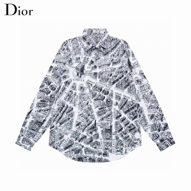 DIOR 迪奥 爆款来袭 巴黎地图建筑元素数码印花长袖衬衫 2024ss官网新款长袖 衬衫 衬衣，精美印花Logo 高端版本，专柜定制面料 透气舒适度高，精工制