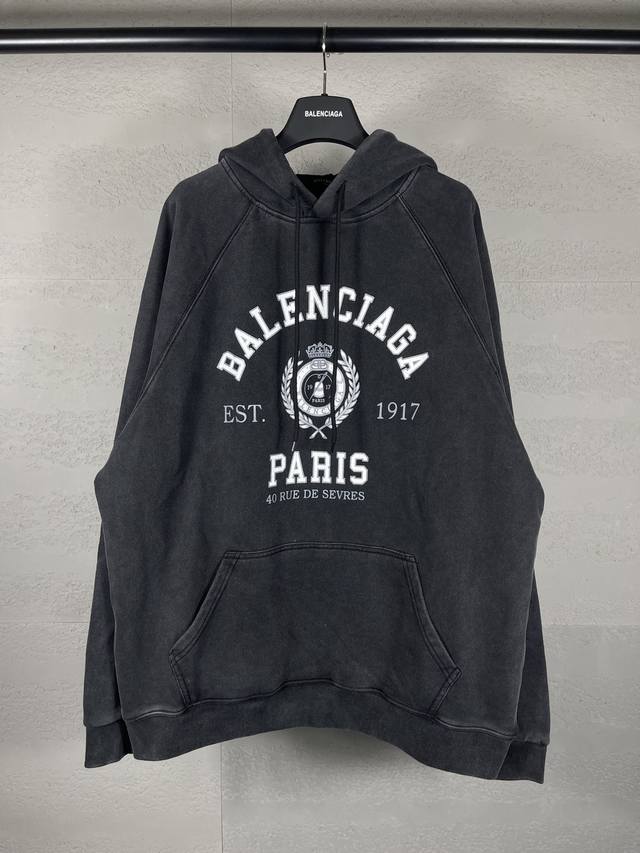 实拍图 顶级版本.官网品质 BALENCI*GA 巴黎.经典款. 22SS#BALENCI*GA#成衣做旧.巴黎重工洗水.皇冠麦穗印花连帽长袖卫衣.秋冬季砖柜同