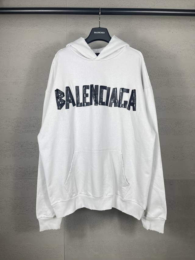 实拍图 顶级版本.官网品质 BALENCI*GA 巴黎.24ss最新经典款.胶带拉浆印花.成衣水洗磨烂做旧短袖T恤.砖柜同步.面料采用巴黎ZP定织定染全棉毛圈大